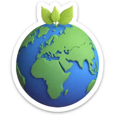A single green leaf resting gently on top of a vibrant, round Earth globe. The focus is on the leaf and the globe with a simple background and soft natural lighting sticker