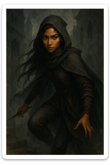 Inej Ghafa (the Wraith) from Six of Crows, young Suli woman with long dark hair, warm brown skin, wearing a hooded cloak, agile and graceful, intense eyes, mysterious and determined expression sticker