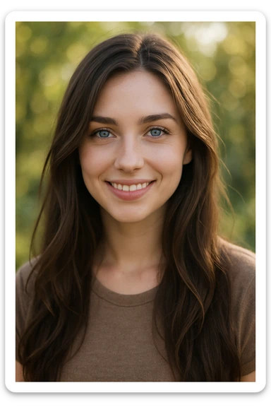 a beautiful brunette girl with blue eyes, long hair, friendly and sweet demeanor sticker