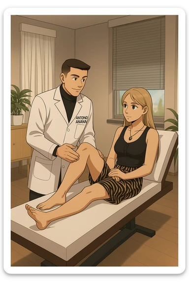 fai un webtoon/manga a colori con questo kinesiologo in camice bianco (fagli la scritta "ANTONIO ANANIA" SUL CAMICE) CHE SVOLGE UN TEST NEUROMUSCOLARE SOLLEVANDO UNA GAMBA ALLA RAGAZZA CHE è STESA SU UN LETTINO BIANCO. STANZA SEMPLICE E MODERNA, DURANTE IL TEST I DUE DIALOGANO TRA LORO. NON FARE I FUMETTI, FAI SOLO LORO COME SE DIALOGASSERO sticker