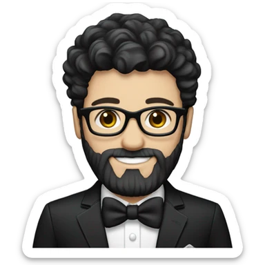 Groom with dark scruffy hair and beard and glasses pale skin and black tux sticker