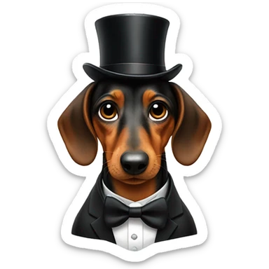 Daschund in a tuxedo wearing a tophat and a monacle sticker