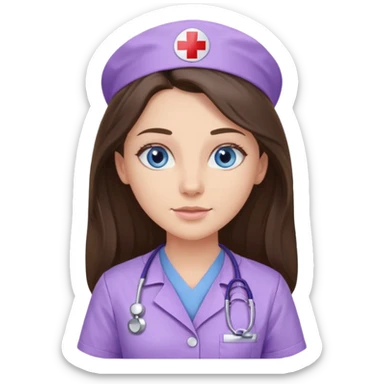 pretty brunette nurse with long hair and blue eyes in lilac scrubs sticker