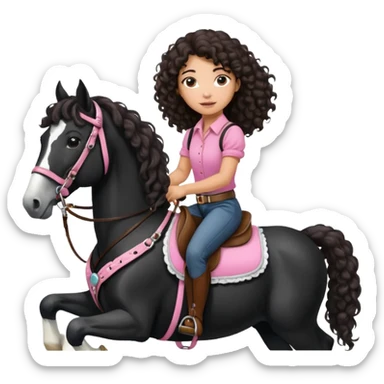 Realistic mixed race girl with long dark brown curly hair, riding a big black and white draft horse, wearing pink harness and saddle  sticker