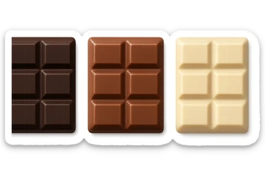 3 emoji stile iphone di BARRETTE DI CIOCCOLATO, UNA FONDENTE, UNA AL LATTE E UNA BIANCA, CON OMBRA REALISTICA, VISTE DALL'ALTO, IPERREALISTICO 4K sticker