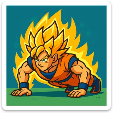 Goku from Dragon Ball Z doing push ups as Super Saiyan, vibrant cartoon style, glowing golden hair and aura sticker