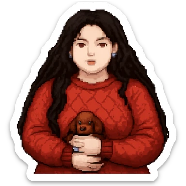 Make the woman's hair much darker and longer, reaching waist length, and increase her weight for a fuller figure, in pixel art style, with no background. sticker