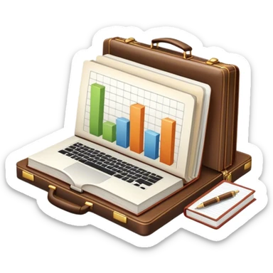 Icon for Business Reading: a prominent book at the forefront, with a briefcase, laptop, and notepad around it, along with a bar graph and symbolizing ideas and growth. The icon should represent the knowledge and strategy of business literature. Transparent background. sticker