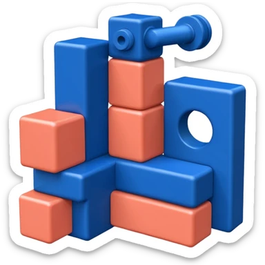 Modern minimal emoji: building blocks + connection flows + gear. Deep blue and coral colors. Professional no-code expert signature. Geometric clean style. sticker