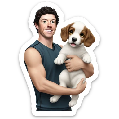 Rory Mcilroy holding a puppy sticker