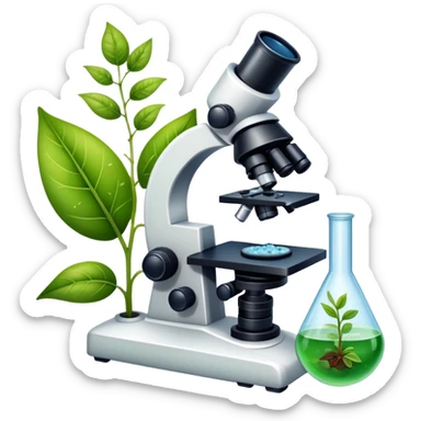 An icon featuring a microscope, a DNA strand, and a plant, symbolizing biology. The design includes animal cells, a leaf, and scientific formulas, representing the study of living organisms and ecosystems. Transparent background highlights biological research and discovery. sticker
