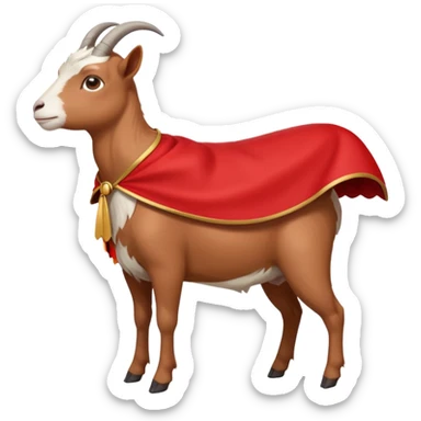 side view of white female goat wearing a read cape like superman sticker
