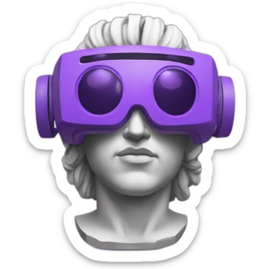 an EMOJI OF A ancient young greek statue, wearing VR headset, purple colors, DIGITAL UNIVERSE sticker