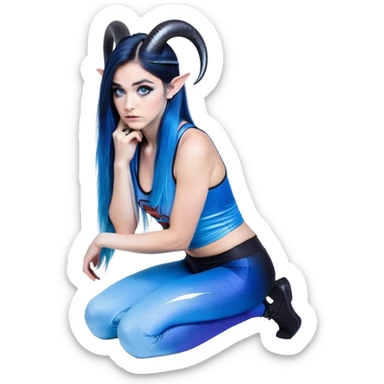 Disapponted-big tears-head back texting on phone-very very large upper body-sexy face-bending forward at waist-very long very straight dark blue to light blue ombre hair-and-blue eyes-thick black eyeliner-cute goat horns-iridescent blue lowcut tanktop with black leggings with glitter superman logo sticker