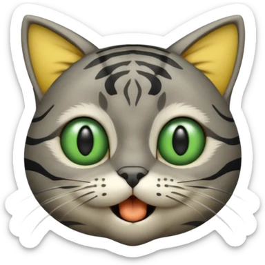 gray cat head with black stripes, large green eyes, big black pupils, mouth open, small solid yellow ball in mouth sticker