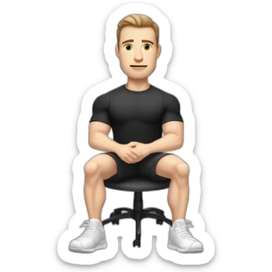 Pale skinned Fit Man With the biceps and dark brown hair in black shirt, gray sports shorts and white Sneakers Sitting on a chair sticker