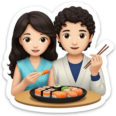 czarnowłosa ksieżniczka w dlugich wlosach je sushi z chłopakiem o czarno brązowych kręconych włosach i są zadowoleni i są nastolatkami i te włosy są lekko krecone sticker