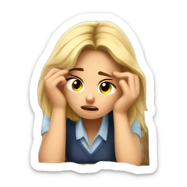 tired blond girl student struggling with final exam and assignments sticker