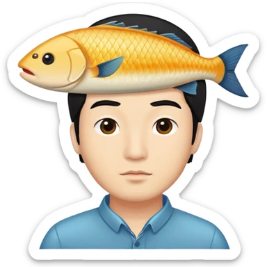 Fish on black haired Asian man’s forehead sticker