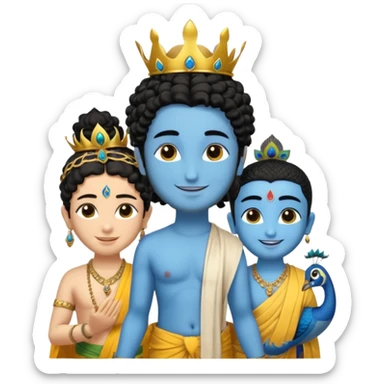 Create a Jesus, Krishna, and Buddha standing together. Krishna: bright blue skin, black curly hair tied in a small topknot, a tiny golden crown decorated with a peacock feather, wearing a yellow dhoti and light golden jewelry

 sticker
