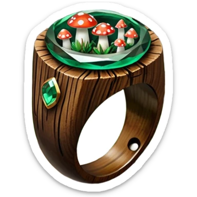 dark wood ring with epoxy resin in forest green pines and mushrooms crystal sticker