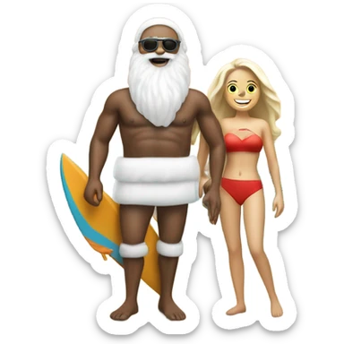 Santa a white man, traditional at the beach with a swim top for women on a surf board, wearing a woman’s swim top. Make him also flamboyant with a big white beard sticker