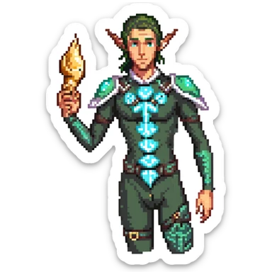 elf male Short wetsuit-style garb, glowing runes on skin, holding a conch horn. sticker