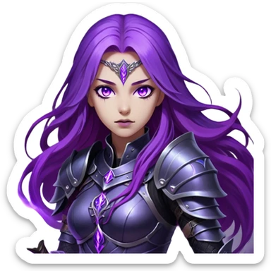 A mysterious warrior girl with long, flowing purple hair catching the dim light. Her glowing violet eyes stare forward, unwavering. She wears sleek black armor, adorned with silver runes that pulse faintly with hidden power. A dark mist swirls at her feet, hinting at the energy she commands. sticker