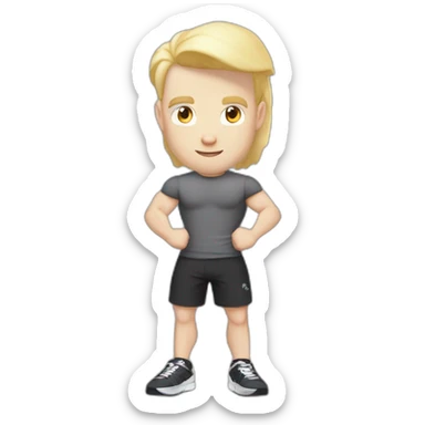 Pale skinned Fit Man With the biceps and blonde hair in black shirt, gray sports shorts and white Sneakers Writing text on the flipchart sticker