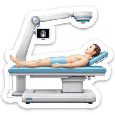 3D medical DEXA scan machine with male patient lying on examination table, bone density measurement equipment with scanning arm over patient sticker