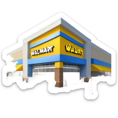 “Exterior of a Walmart store with the sunburst logo above the entrance, blue facade with yellow accents, large sliding glass doors, and shopping carts lined up outside, capturing the look of a busy retail supercenter.” sticker