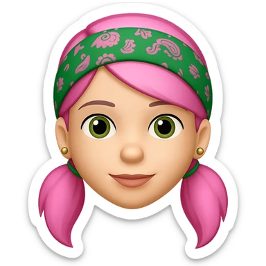 Create an image of a woman in the style of Apple emojis, featuring a green paisley bandana, pink hair, and earrings, with no background. sticker
