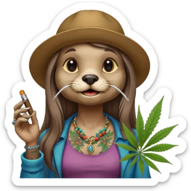 a female otter with long hair smoking a joint surrounded by marijuana fumes. a bit california hippy vibe, with tattoos and piercing sticker