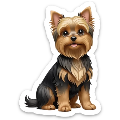 cinematic-[yorkshire terrier]-realistic-full-body-sitting-emoji,-tail-resting-loosely-beside-its-paws,-head-tilted-dramatically,-wavy-[black and tan-fur,-simplified-yet-realistic-focused-features,-highly-detailed,-glowing-with-an-almost-sarcastic-glow sticker