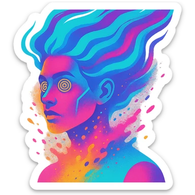 surreal portrait of a person with neon skin, face dissolving in an explosion of colors, airbrush effect, hair as swirling liquid color streams like northern lights, hypnotic spiral eyes, geometric elements along face contour, paint particles flying away, acid purple, turquoise, and electric pink blending, sense of movement sticker