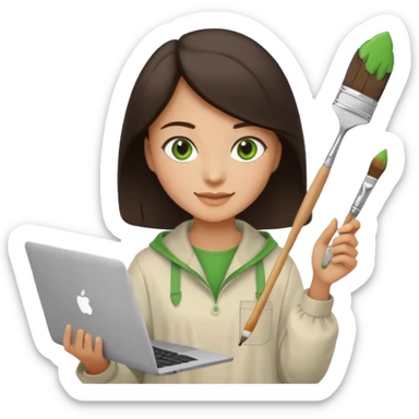 happy Graphic designer whit a MacBook, him eyes green color and dark brown hair, he is paint artist sticker