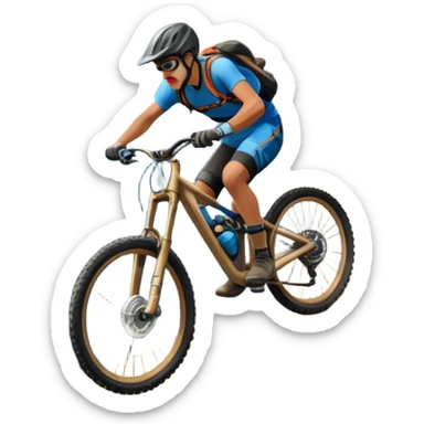 A thrilling downhill mountain biking scene! A rider in full gear speeds down a steep rocky trail, kicking up dust. The rugged mountain landscape surrounds them, with towering peaks, evergreen trees, and a bright blue sky. The rush of adventure is in the air. Transparent background. sticker