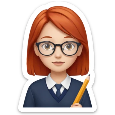 red hair girl kid with glasses → holding a pencil with school uniform sticker