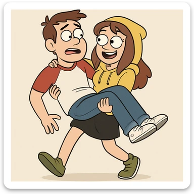 A man Raglan sleeves with Red t-shirts blue jeans white shoes carried by a cute a girl yellow hoodie black skirt green shoe  sticker