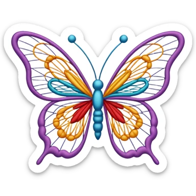 String art icon, colorful butterfly made with threads, wings formed by intricate thread patterns, body of the butterfly with visible thread ball structure, minimalistic style, clean lines, transparent background. sticker