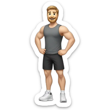 Full height realistic Actively gesturing with hands Pale skinned Fit Man With the biceps and brown hair in dark gray Sleeveless Mike, black oversize sports shorts, watch and white Sneakers sticker