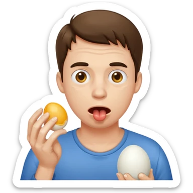 guy drooling alot of spit, holding egg sticker