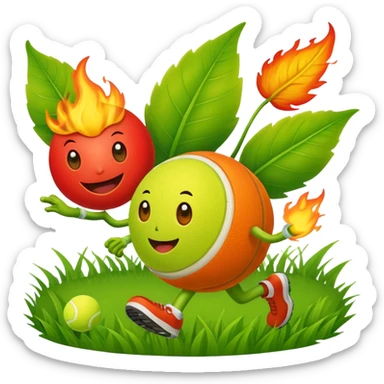 cartoon characters from bfdi, including a leaf, fire, and tennis ball, happily running in a grassy field sticker