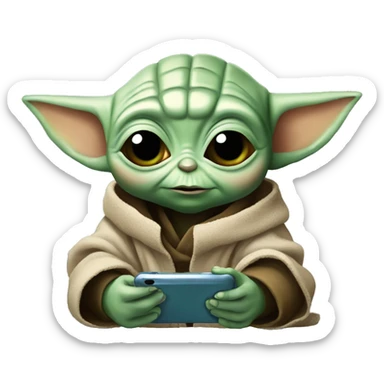 baby yoda looking at cell phone sticker