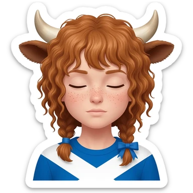 curly girl with freckles with messy light brown bangs covering the eyes with cow horns and cow ears with scottish flag on his shoulders with ribbon in her hair sticker