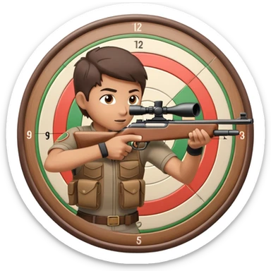 A focused marksman aiming at a target with a rifle, displaying perfect form and concentration. The background includes a target board with concentric rings, emphasizing accuracy and precision in a competitive shooting environment sticker
