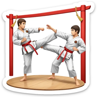 Two karate fighters in traditional gi sparring. One executes a high kick aimed at the opponent’s head, while the other blocks with a strong hand defense. The background features a classic dojo with wooden flooring and banners. Dynamic motion and focused expressions. Transparent background. sticker