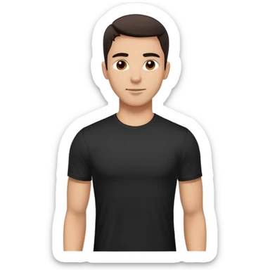 Attractive man in his 40s with youthful appearance, light brown skin, elongated face, defined jawline, medium dark eyes, arched eyebrows, straight nose, handsome friendly expression, short dark hair styled upward, athletic build, wearing a fitted black t-shirt sticker