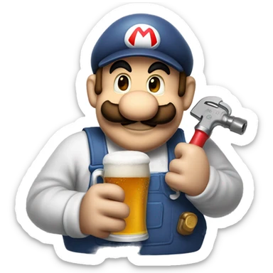 Mario plumber drinking beer with a shirt that says “HOPE” with a pipe wrench logo sticker