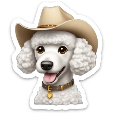 Happy, Poodle mix dog with white fur wearing a cowboy hat sticker